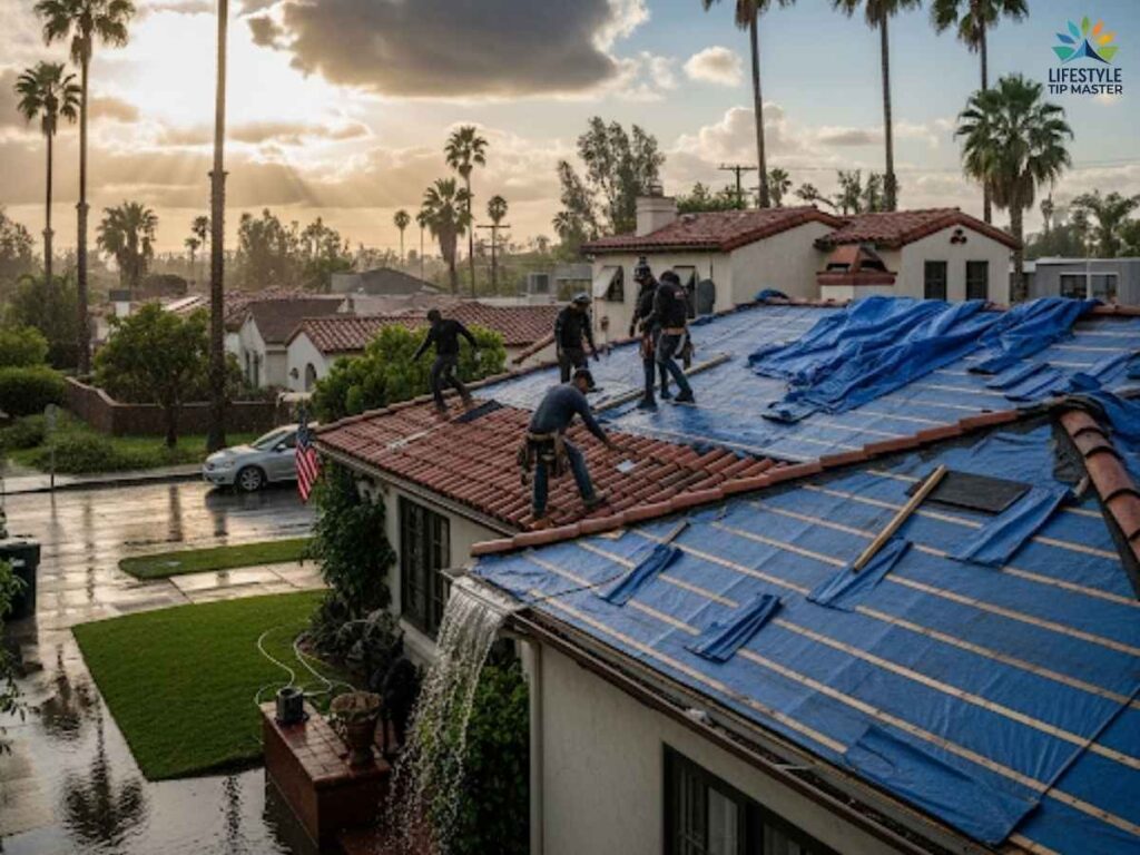 Los Angeles home roof repairs after heavy rainstorm with palm trees