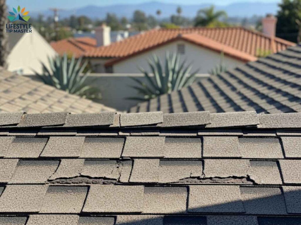Close-up of sun-damaged roof shingles in residential Los Angeles neighborhood