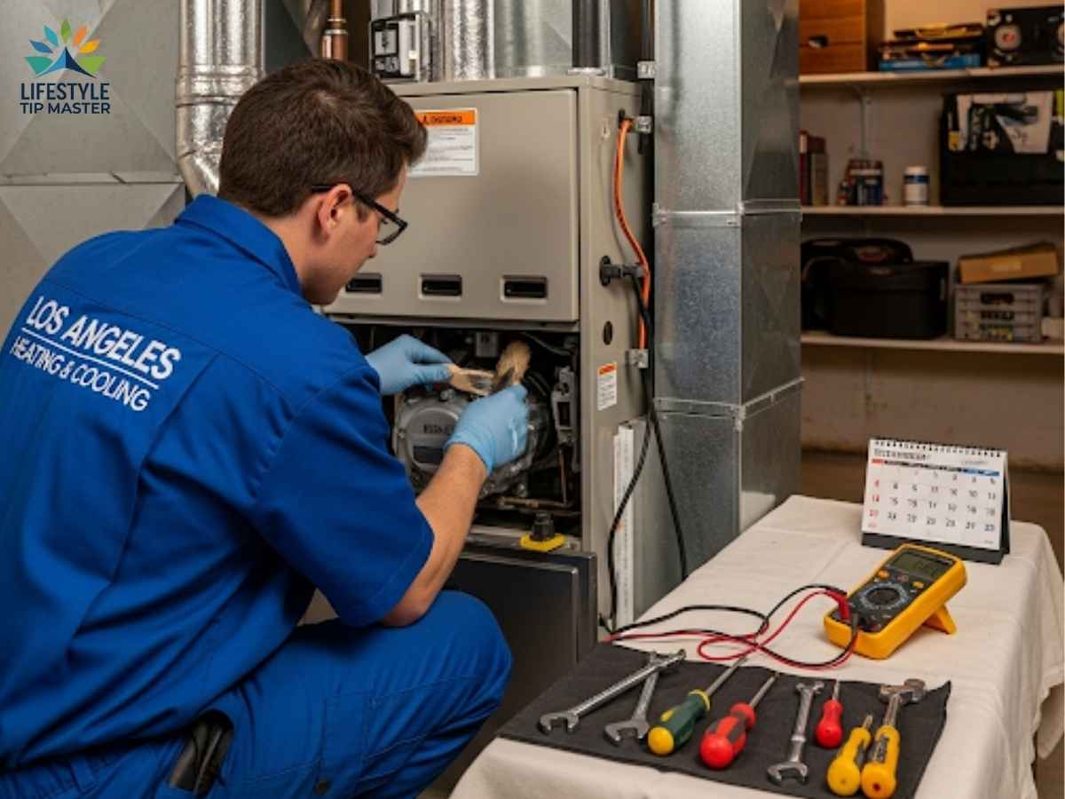 Technician performing gas heater tune-up in a Los Angeles home before cool nights arrive