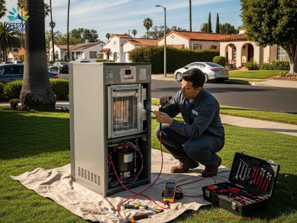 Gas Heater Tune-Ups Before Coronado’s Cool Nights in Los Angeles 2 Modern gas heater undergoing maintenance in a Los Angeles residential neighborhood
