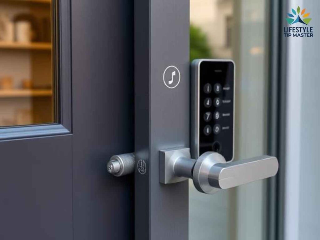 Modern smart lock installed on a Downtown Los Angeles Bold Street home door