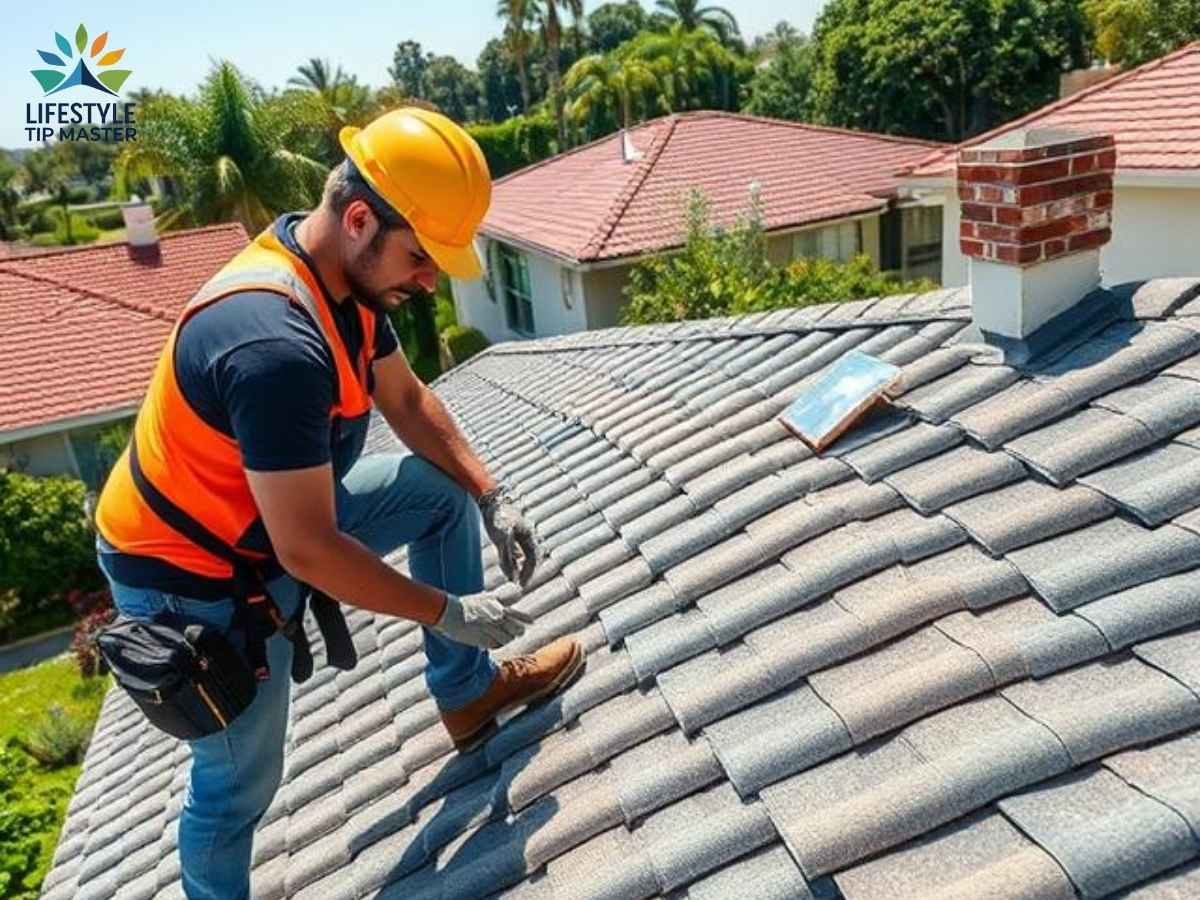 Roofer inspecting shingles on residential roof in Los Angeles neighborhood