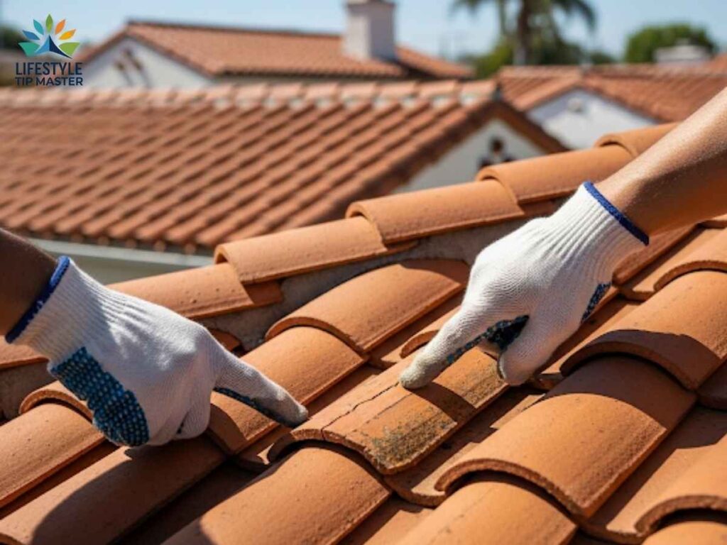 Peaks & Valleys: Roof Inspection Checklist for Tierrasanta in Los Angeles 2 Close-up of roof tiles being checked during inspection in Los Angeles home