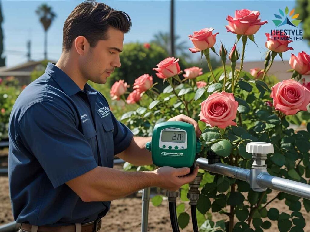 Rose Garden Community Irrigation Maintenance in Los Angeles 2 Technician adjusts community rose garden irrigation timer in Los Angeles yard