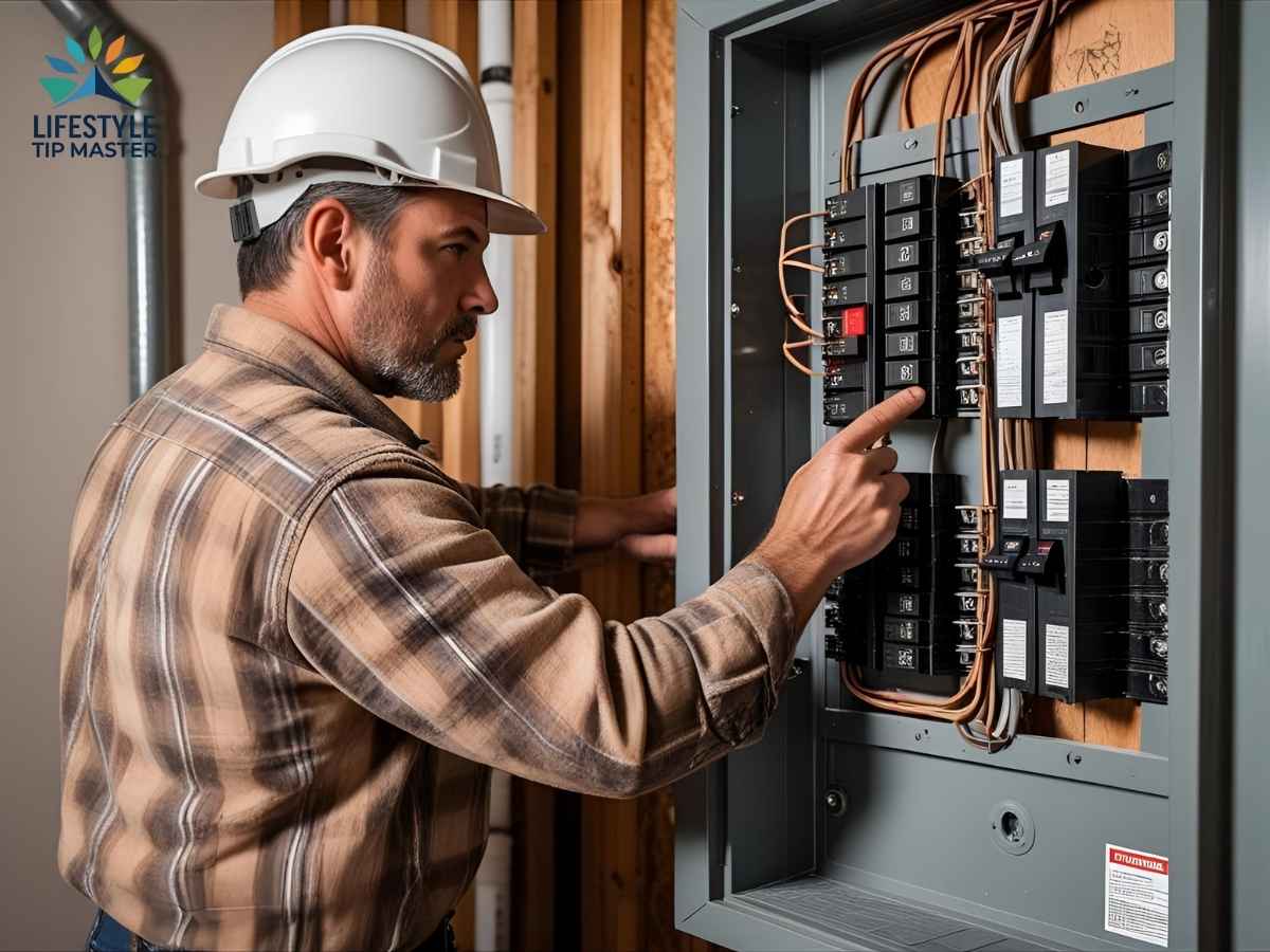 Homeowner inspecting a circuit breaker panel in Los Angeles for electrical safety checklist compliance