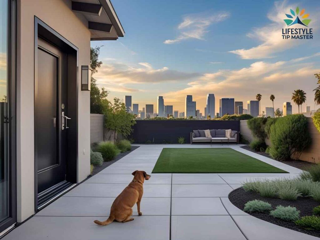 Pet Door Installation in Campbell Homes: The Ultimate Los Angeles Guide 2 Modern lockable pet door installed in Campbell home's backyard with Los Angeles cityscape background